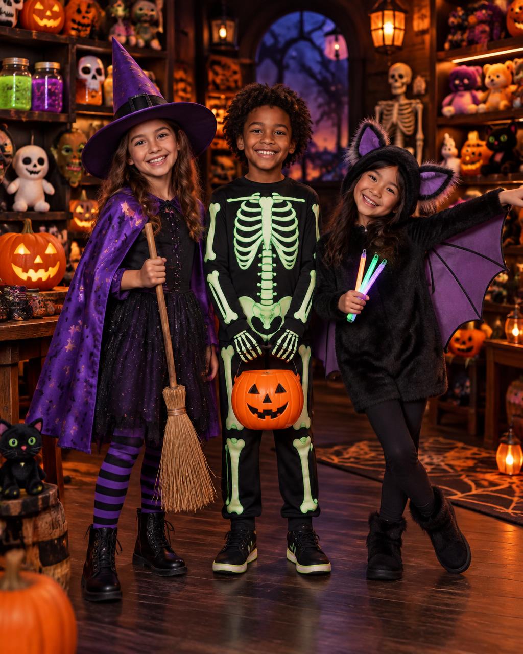 Three smiling children dressed as a witch, skeleton, and bat in the ScaryToys Halloween shop